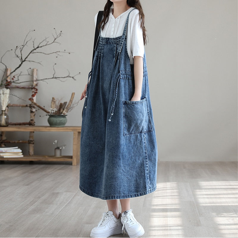 NINI WONDERLAND 2021 Summer Cotton Denim Midi Dress Women's Spaghetti –  GEGGOO.com